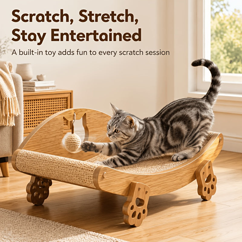 Sisal Cat Scratcher Bed with Solid Wood Frame, Curved Indoor Cat Lounge Chair and Scratching Pad with Hanging Toy for Rest and Play