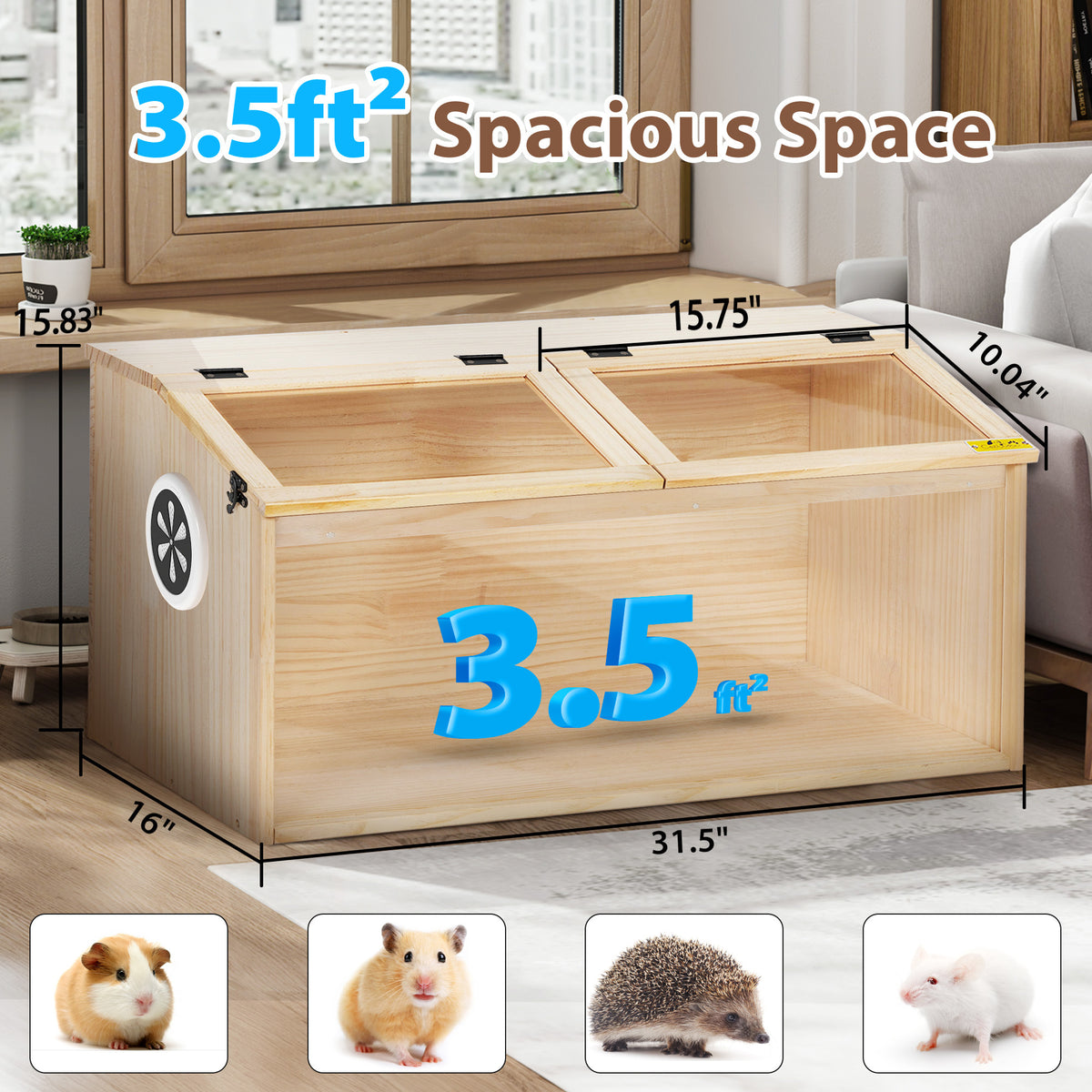 Hamster Habitat Wooden Cage with Clear Acrylic Front, Openable Top and Side Locks, 31.5-Inch Small Pet Enclosure in Natural or Burlywood