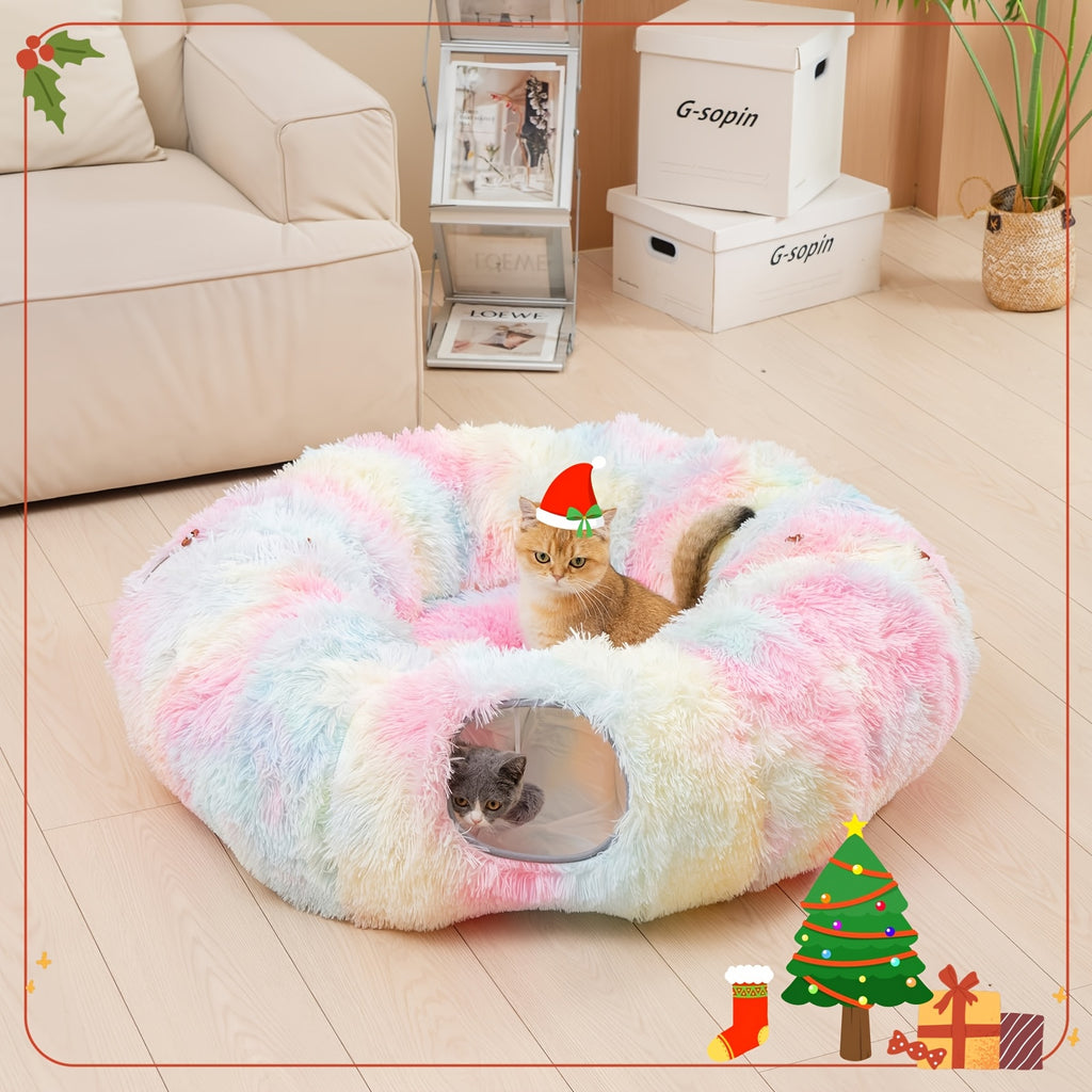 Cat Tunnel with Bed and Pet Scarf, Soft Plush Donut Hideaway with Peekaboo Opening for Indoor Cat Play and Rest, Four Color Options and Holiday Gift Idea