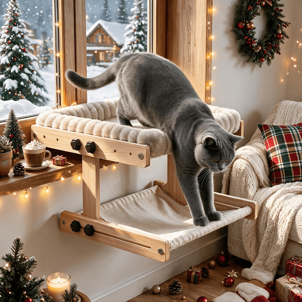 Cat Window Perch with Plush Nest, 3-in-1 Windowsill Hammock and Bedside Cat Bed for Small and Medium Cats, Single or Two-Layer Styles