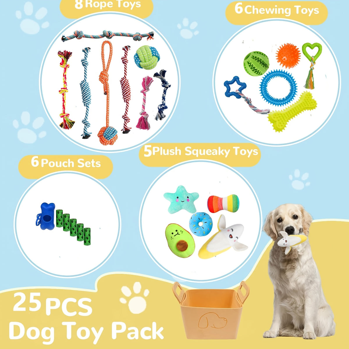 Puppy Chew Toys 25 Pack with Rope Toys, Squeaky Plush Toys, Rubber Toys, Treat Ball & Dog Bag Rolls, Teething Chew Toy Set for Small Dogs & Puppies, Bite-Resistant Ropes for Interactive Play