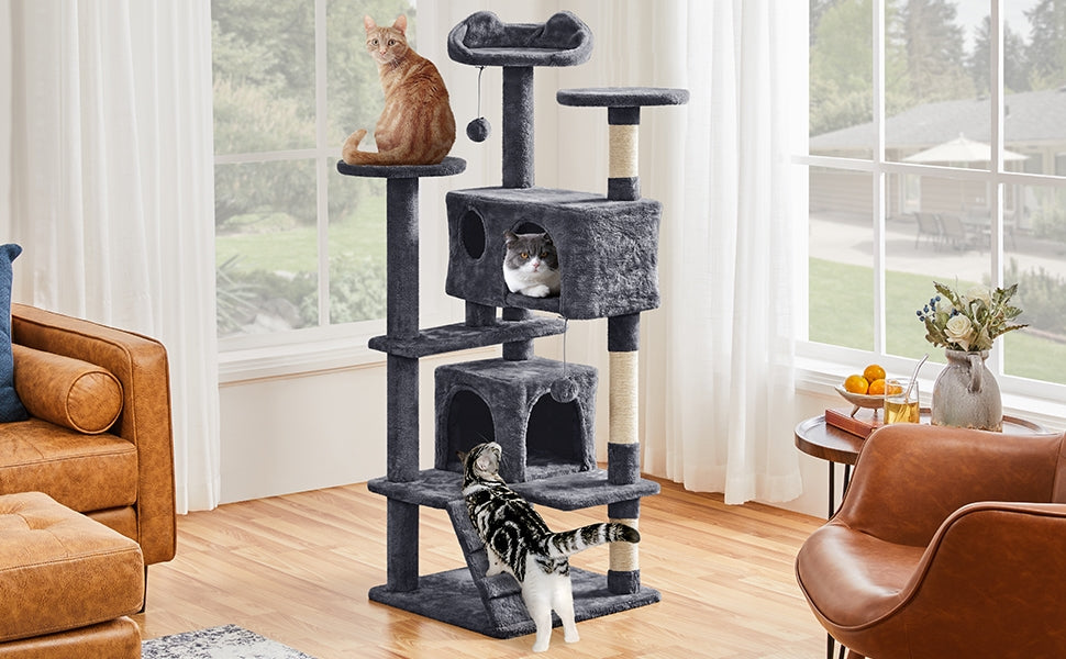 Cat Tree with Twin Hideaways, 54 or 62 Inch Dark Gray Indoor Cat Tower with Two Condos, Three Scratching Posts and Dangling Balls for Play and Rest