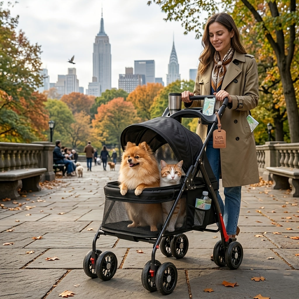 Dog and Cat Stroller in Black, Four-Wheel Pet Pushchair with Foldable Cage, Storage Basket and Cup Holder for Small to Medium Pets