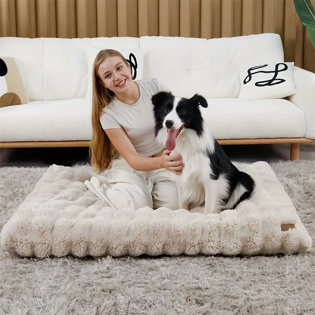 Foam Dog Bed with Waffle-Textured Removable Cover, Polyester Pet Crate Mat in Medium to 3XL Sizes for Indoor Rest, Grey or Khaki and Beige