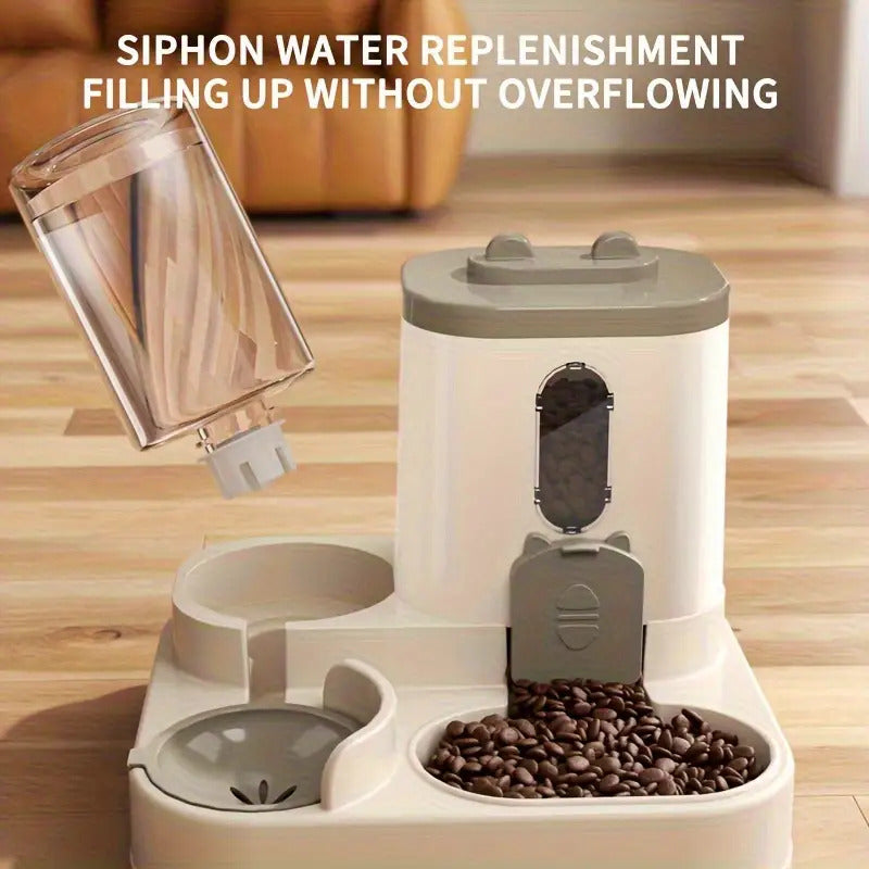 Pet Feeder and Water Dispenser Combo with Cat-Ear Lid, Visible Dry Food Window and Siphon Water Bottle for Cats and Small Dogs, Three Color Options