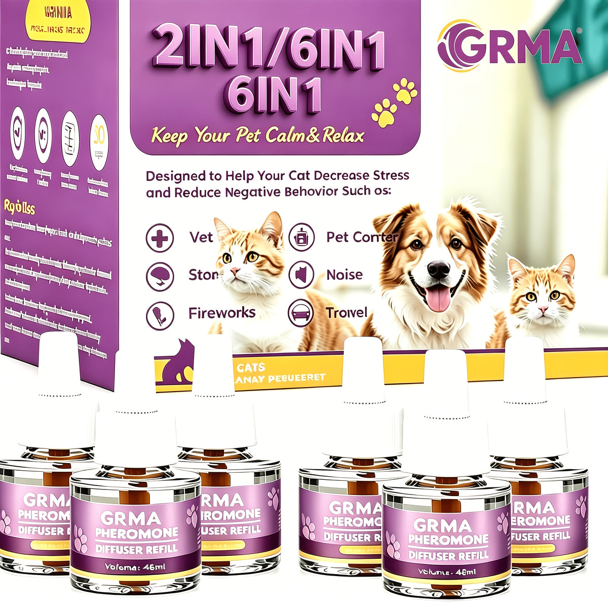 Pheromone Calming Refills for Cats and Dogs, 2-in-1 or 6-in-1 Liquid Replacement Options for Compatible Diffusers and At-Home Pet Routines