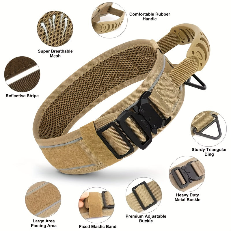 Tactical Dog Collar 2.6 Inch Wide with Padded Control Handle, Reflective Adjustable Nylon and Mesh Collar with Metal Buckle and 2 Patches, M L XL