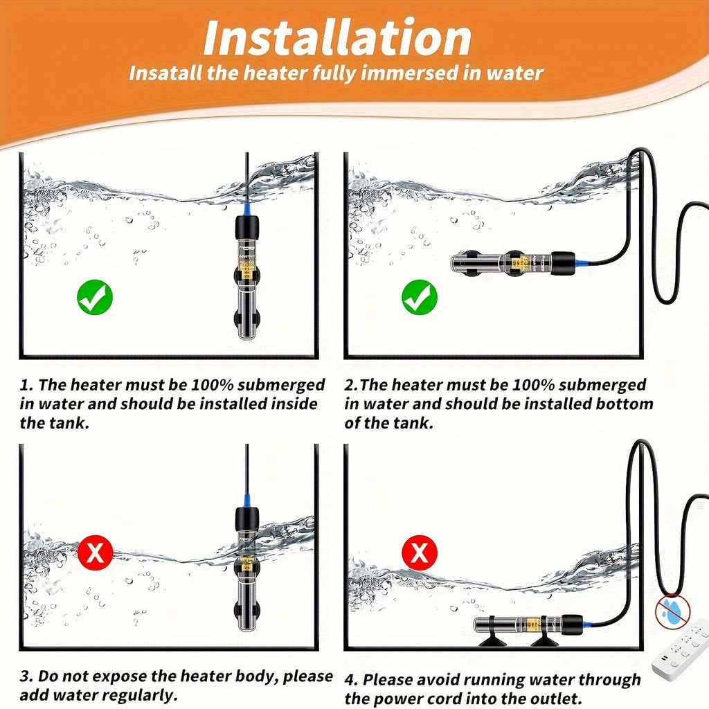 Submersible Aquarium Heater FS-386 with Adjustable Thermostat, Fish Tank Water Heating Rod in 25W, 50W, 100W or 300W for Indoor Aquatic Setups