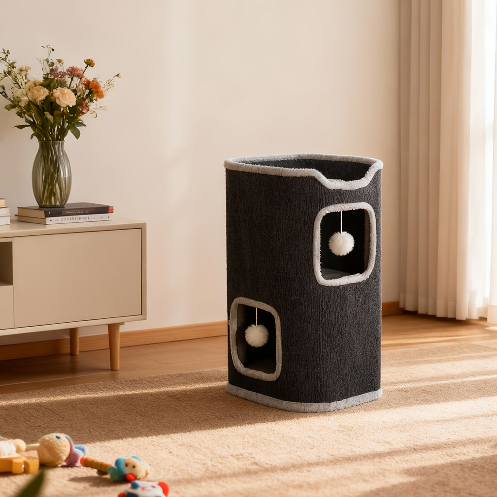 Cat Tree with Three-Layer Foldable Tower, Indoor Cat Condo with Cozy Top Bed, Hanging Ball Toys and Scratch-Resistant Surface for Small Spaces