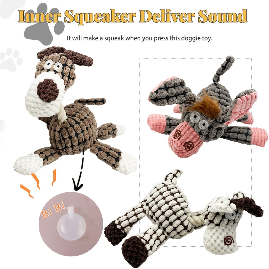 Squeaky Dog Toy Assortment with Rope and Plush Animal Designs, Random 6, 8 or 10 Piece Packs for Supervised Gentle Tug and Interactive Play