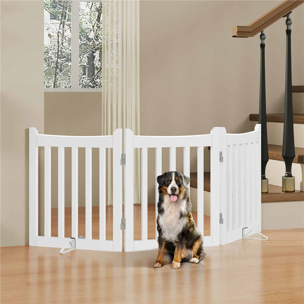 Freestanding Folding Dog Gate in White, 24 Inch Tall MDF Pet Barrier with Door and Two Support Feet for Small Dogs, Indoor Doorways and Hallways