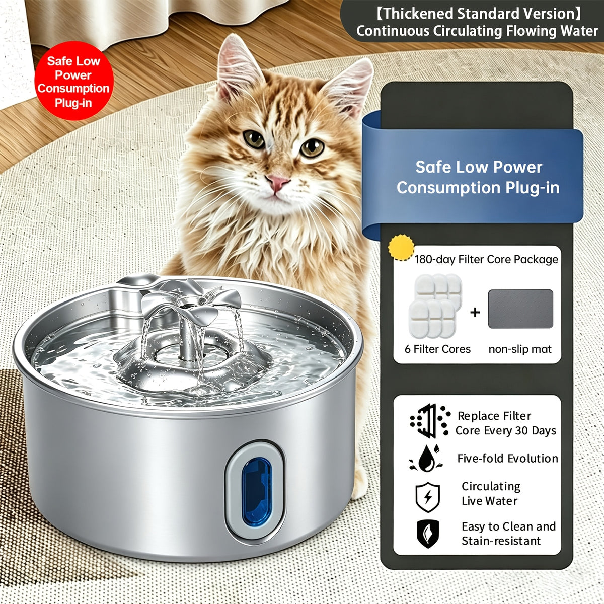Dog Water Fountain 74oz 2.2L, Quiet 304 Stainless Steel Pet Drinking Dispenser with Large Water Level Window, Easy-Clean Design and Filter Bundle Options