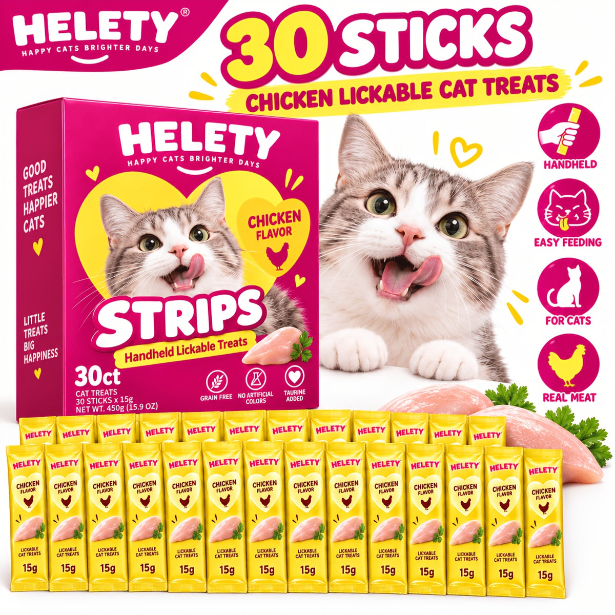 Creamy Lickable Cat Treats 15g, Squeeze Cat Snacks and Food Topper in Tuna, Salmon or Chicken, 10 Count Packs or 30 Count Chicken Option