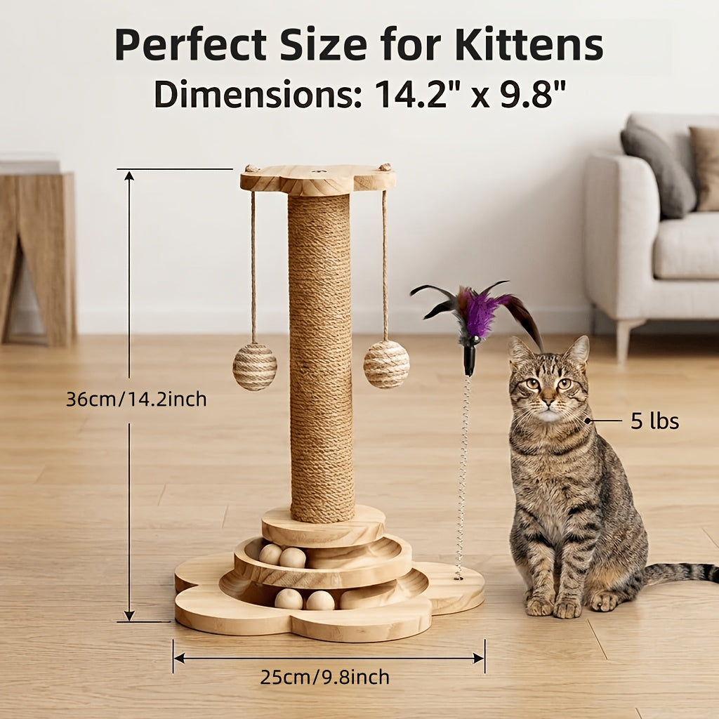 Kitten Scratching Post with Wooden Ball Track, Rope-Wrapped Indoor Cat Activity Toy with Hanging Balls and Feather Teaser, Post and DIY Accessory Options