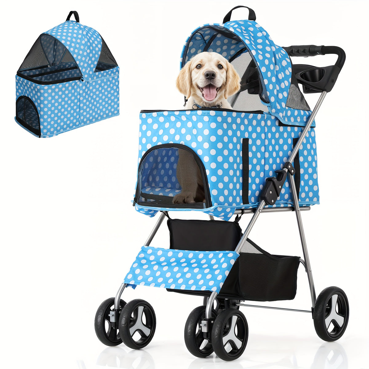 Dog Stroller for Pets up to 33 lbs, 3-in-1 Foldable Pushchair with Detachable Carrier, Car Seat Mode, Push-Button Entry and Mesh Canopy