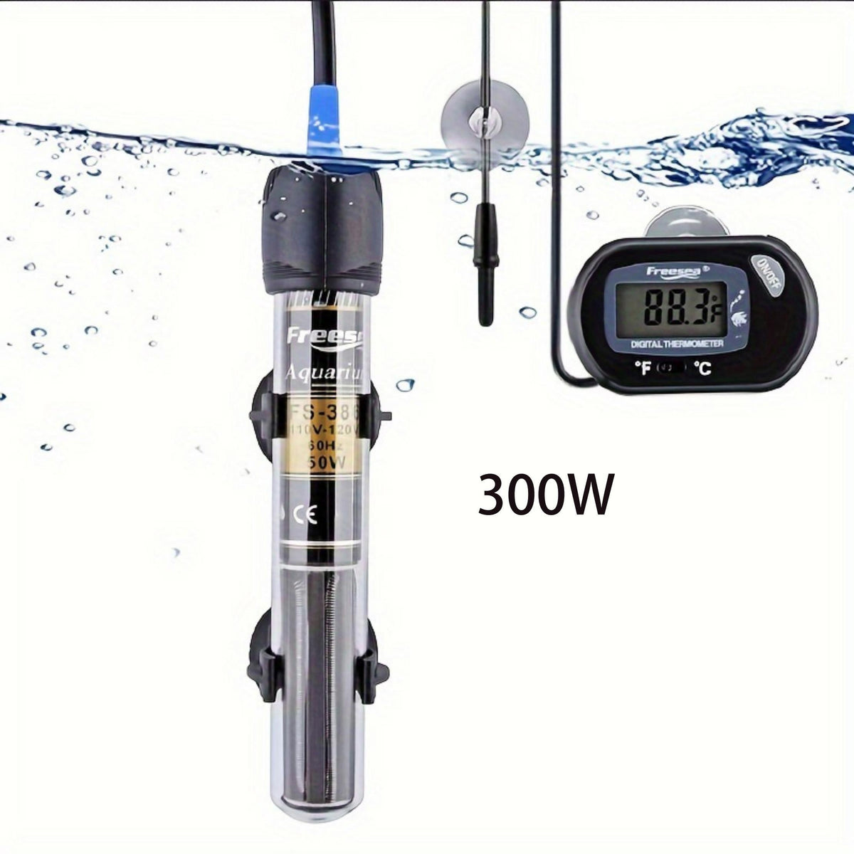 Aquarium Heater with Thermometer, Submersible Fish Tank Water Heater in 25W, 50W, 100W or 300W for Freshwater and Saltwater Setups