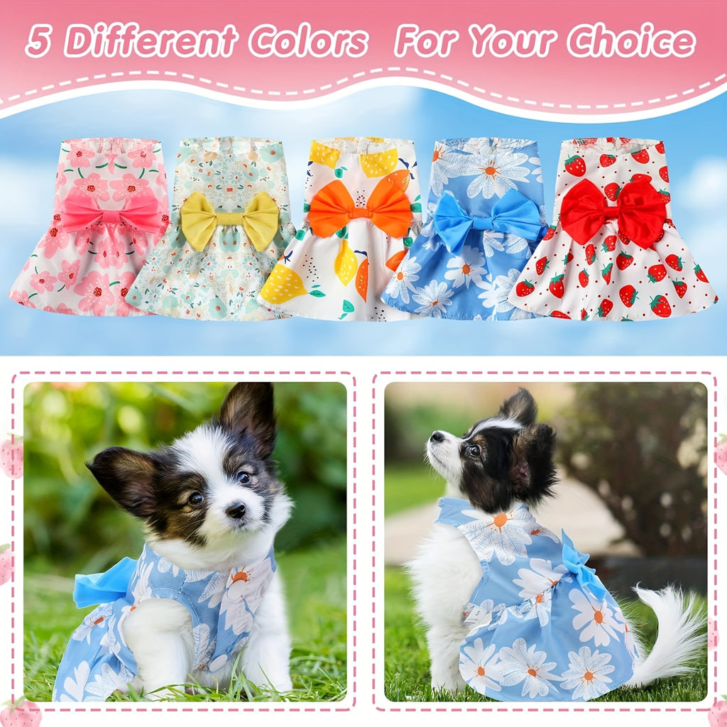 Floral Dog Dresses 5 Pack, Bow Princess Pet Clothes for Small Dogs, Puppies and Cats, Summer Dress-Up Outfits for Photos and Parties, XS–XXL
