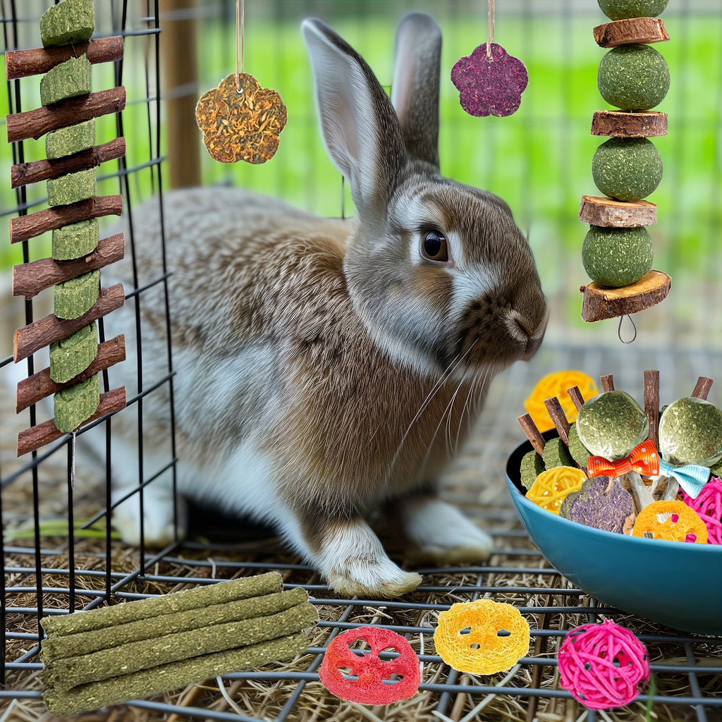 Rabbit Chew Toy Variety Set, 21 Pieces with Timothy Hay Lollipops, Grass Cakes, Hay Sticks, Carrot Shapes and Loofah Balls for Small Pet Enrichment