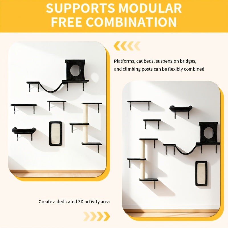 Cat Wall Furniture Set 6-Piece with Shelves, Condo, Scratching Board, Bridge and Tunnel, Wall-Mounted Indoor Cat Climbing and Resting Perches