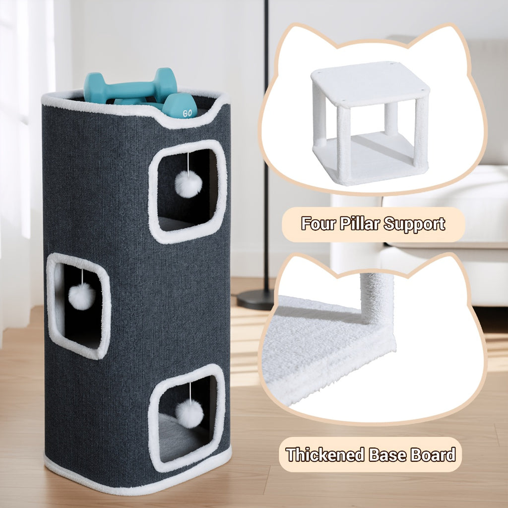 Cat Hideaway Tower with Felt Exterior and Particle Board Frame, Indoor Cat Condo Furniture in One, Three or Four Layers with Optional Bell Ball Bundles