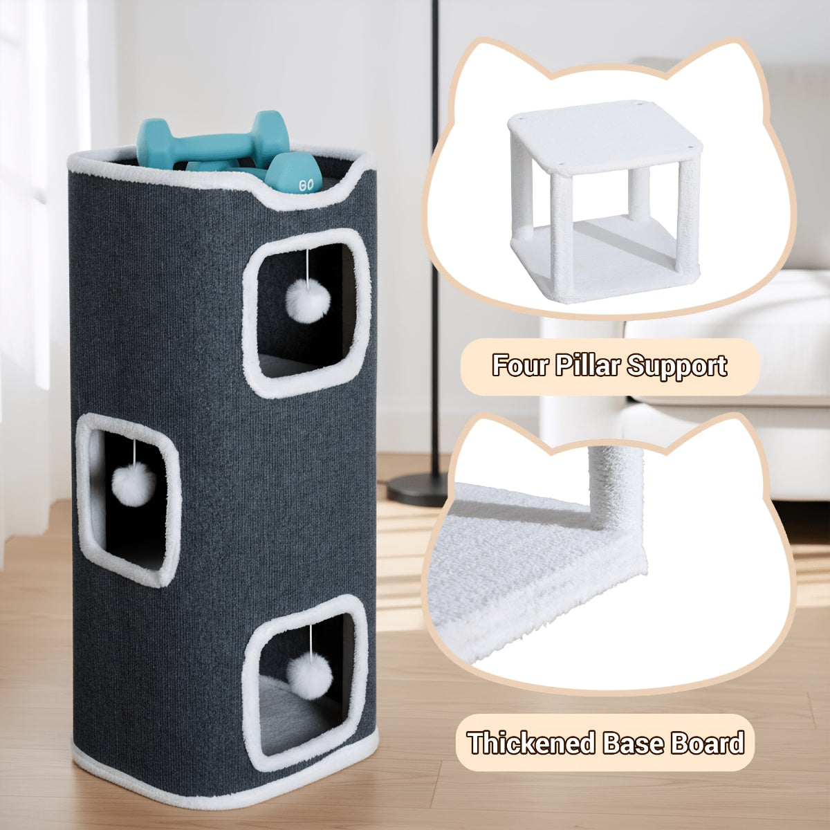Cat Hideaway Tower with Felt Exterior and Particle Board Frame, Indoor Cat Condo Furniture in One, Three or Four Layers with Optional Bell Ball Bundles