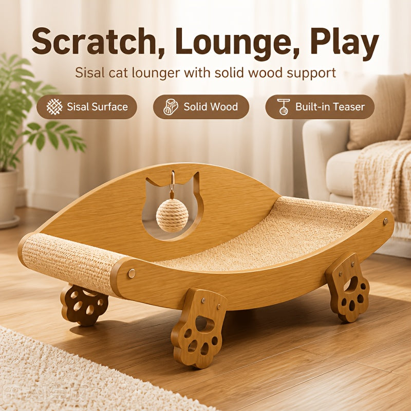 Sisal Cat Scratcher Bed with Solid Wood Frame, Curved Indoor Cat Lounge Chair and Scratching Pad with Hanging Toy for Rest and Play