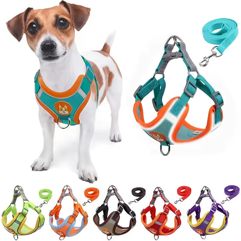 Adjustable Reflective Dog Harness and Leash Set with 4 Bells, Breathable Walking Vest for Small and Medium Dogs in Blue, Red or Brown