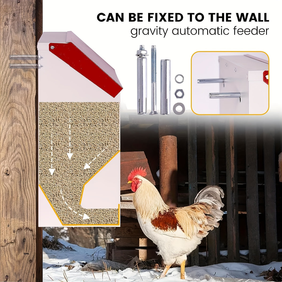 Wall Mounted Chicken Feeder with Cover, Galvanized Metal Gravity Poultry Food Dispenser for Backyard Coops, Chicken, Duck and Quail Feeding