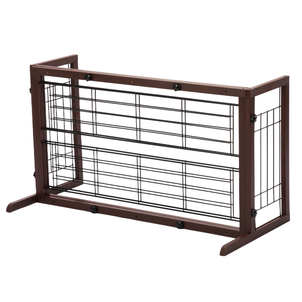 Wood Dog Gate with Sliding Width Adjustment, 38–71 Inch Freestanding Pinewood Pet Barrier with Wide Support Base for Indoor Doorways and Hallways