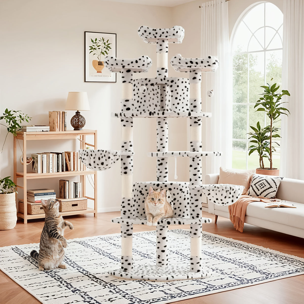Cat Tree 73 Inch Fan-Shaped Tower for Indoor Cats with Plush Perches, Sisal Scratching Posts, Hammock and Baskets for Climbing and Rest
