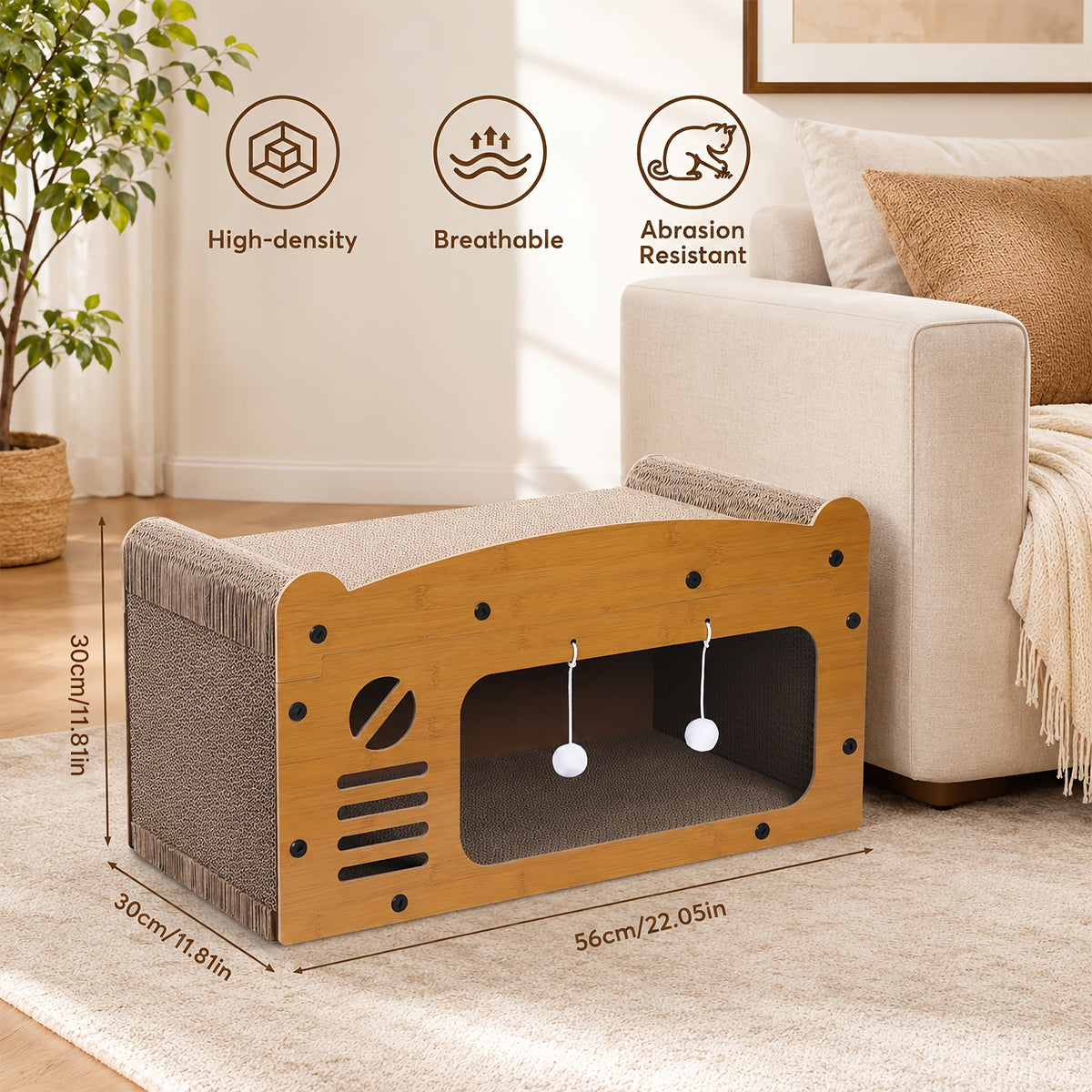 Cardboard Cat House with Scratching Board and Pompom Toy, Indoor Cat Hideout Bed for Scratching and Resting, Single or Double Layer Options
