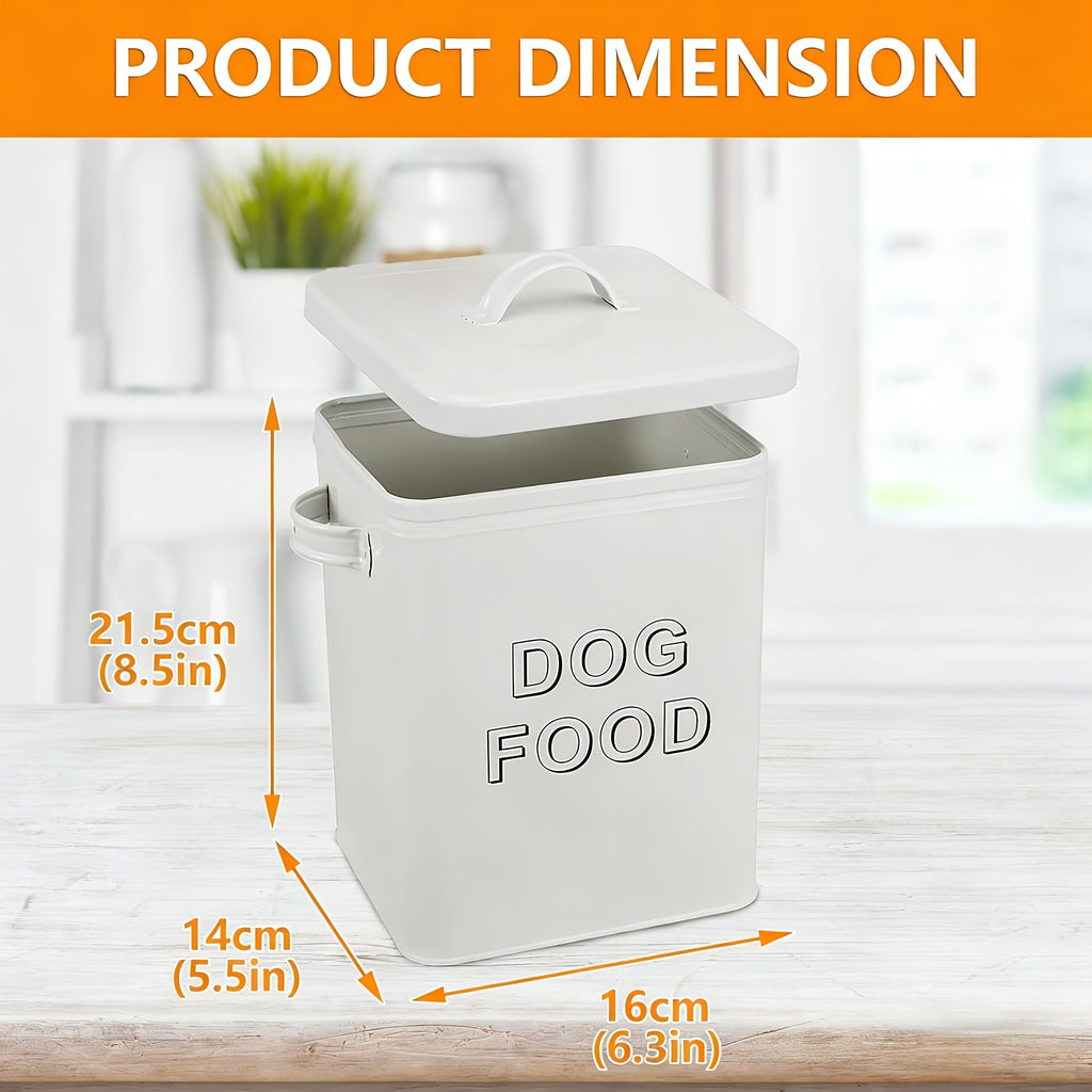 Dog Food Storage Canister with Scoop and Lid, Square Metal Farmhouse Container for Dry Pet Food, Treats and Kitchen Countertop Organization