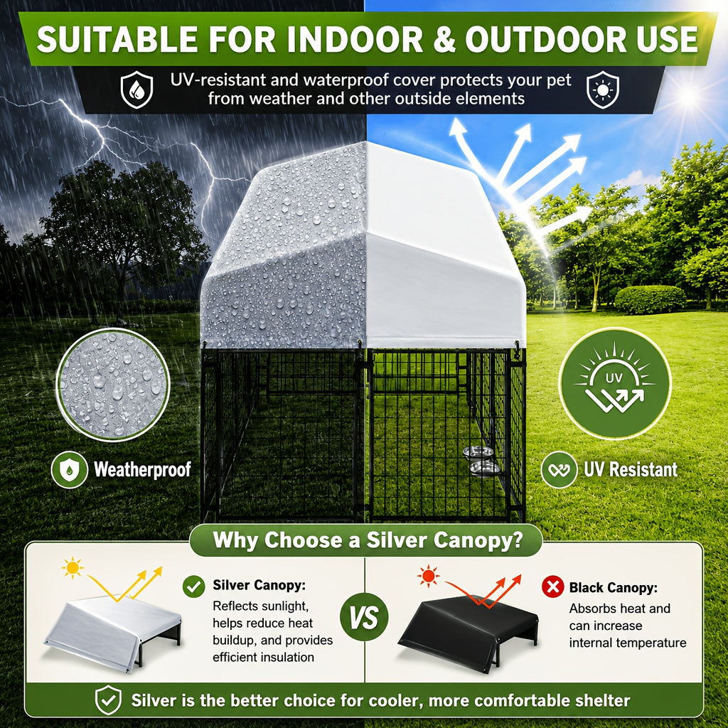 Large Dog Outdoor Kennel with UV-Resistant Roof Cover, Welded Wire Steel Enclosure with Secure Lock in 4, 6 or 8 Foot Lengths