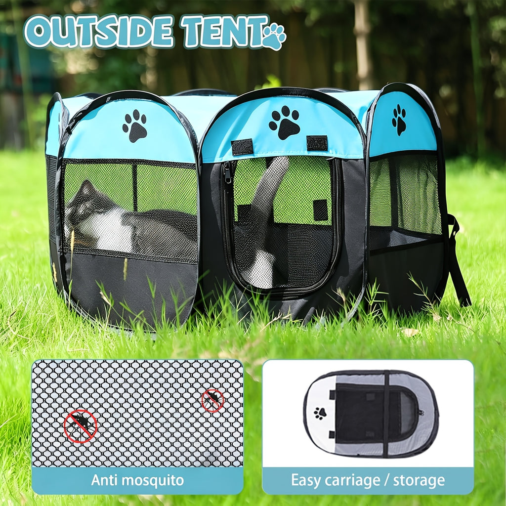 Foldable Puppy Playpen for Dogs and Cats, Octagonal Oxford Cloth Pet Tent in Blue or Off White for Supervised Indoor Rest and Outdoor Camping