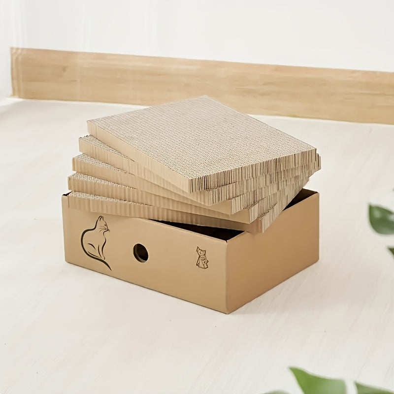 Cat Scratching Board Set with Box, 5 Reversible Corrugated Cardboard Pads for Indoor Scratching, Resting and Play, Standard or Extra Large Options