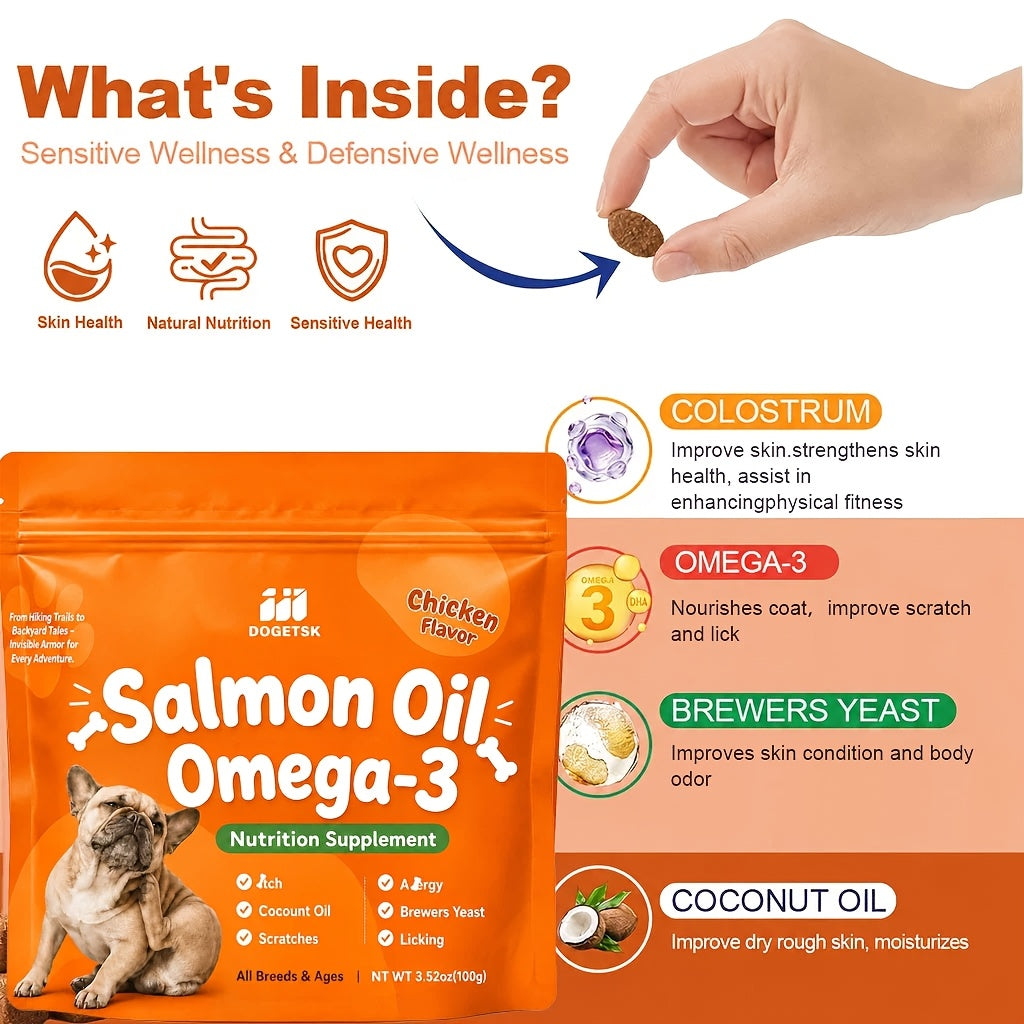 Omega-3 Fish Oil Chews for Dogs and Cats with Wild Alaskan Salmon Oil, Chewable Pet Supplement for Everyday Skin and Coat Care Routines