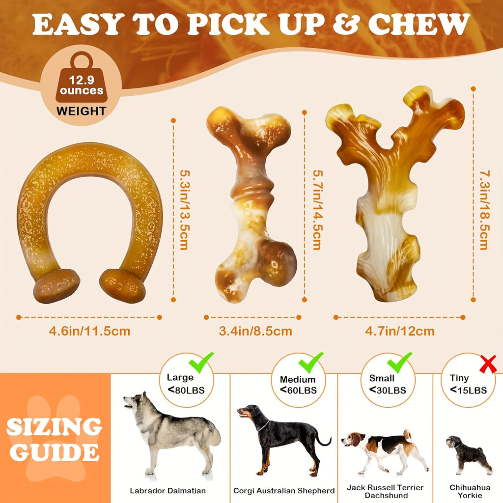 Tough Dog Chew Toy Set for Medium and Large Dogs, Textured Nylon Chewing Toys in 2-Piece or 3-Piece Bone Pack Options for Supervised Play