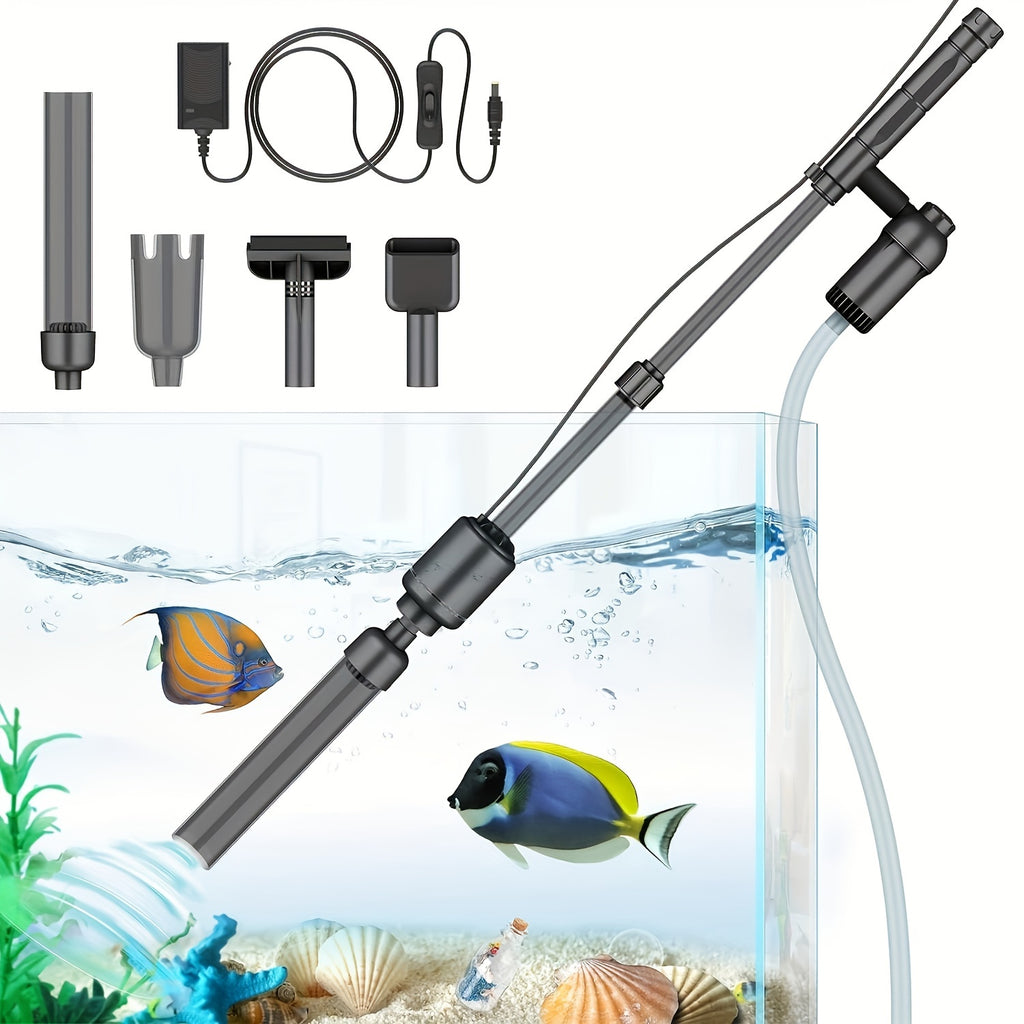 Electric Aquarium Gravel Vacuum Cleaner, 18W 6-in-1 Fish Tank Cleaning Tool with Adjustable Rod, Filter Cup and Hose for Water Changes and Substrate Care