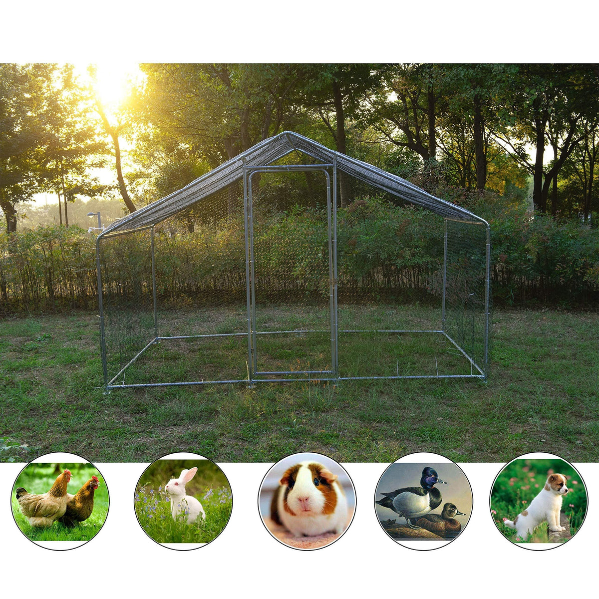 Walk-In Chicken Coop with Lockable Door, Galvanized Metal Poultry Run and UV-Resistant Cover for Backyard Hens, 118.1 x 78.7 x 78.7 Inches
