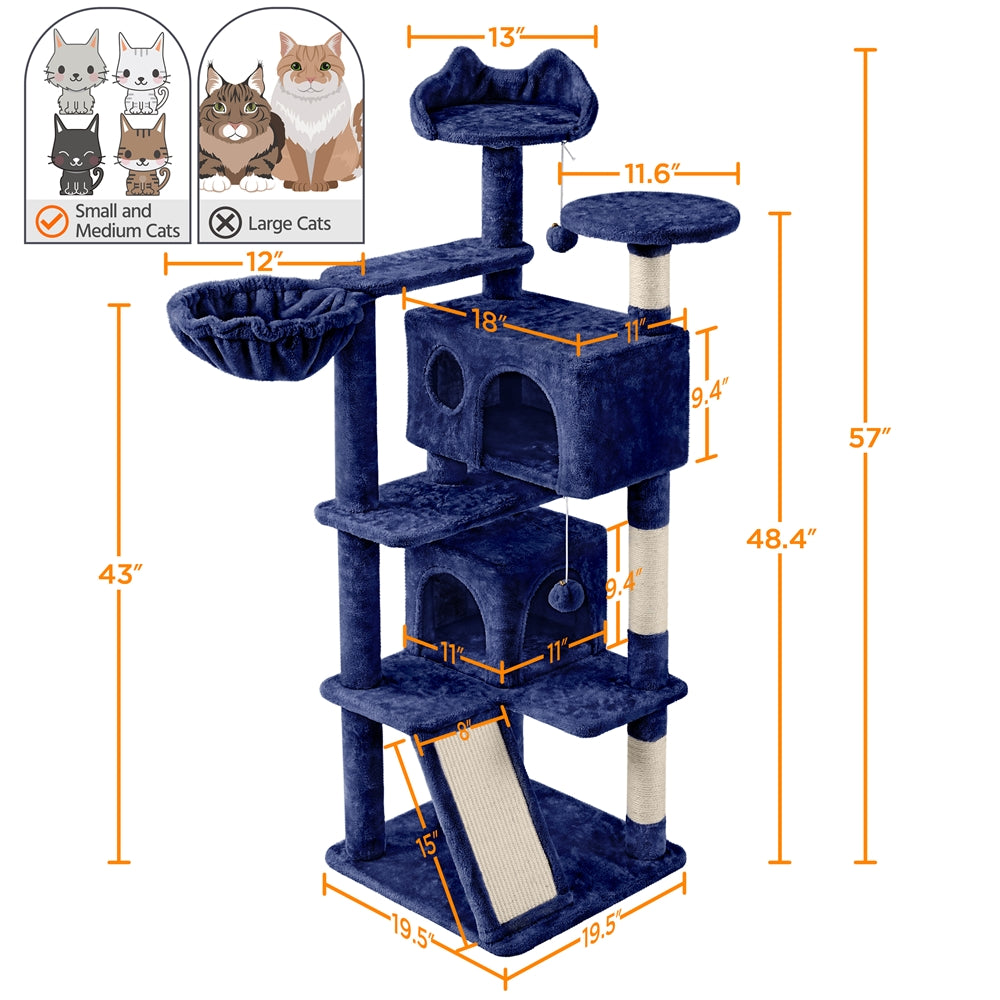 Cat Tree 57 Inch with Two Condos, Plush Multi-Level Indoor Kitten Tower with Round Platform, Ladder and Dangling Ball for Small Cats