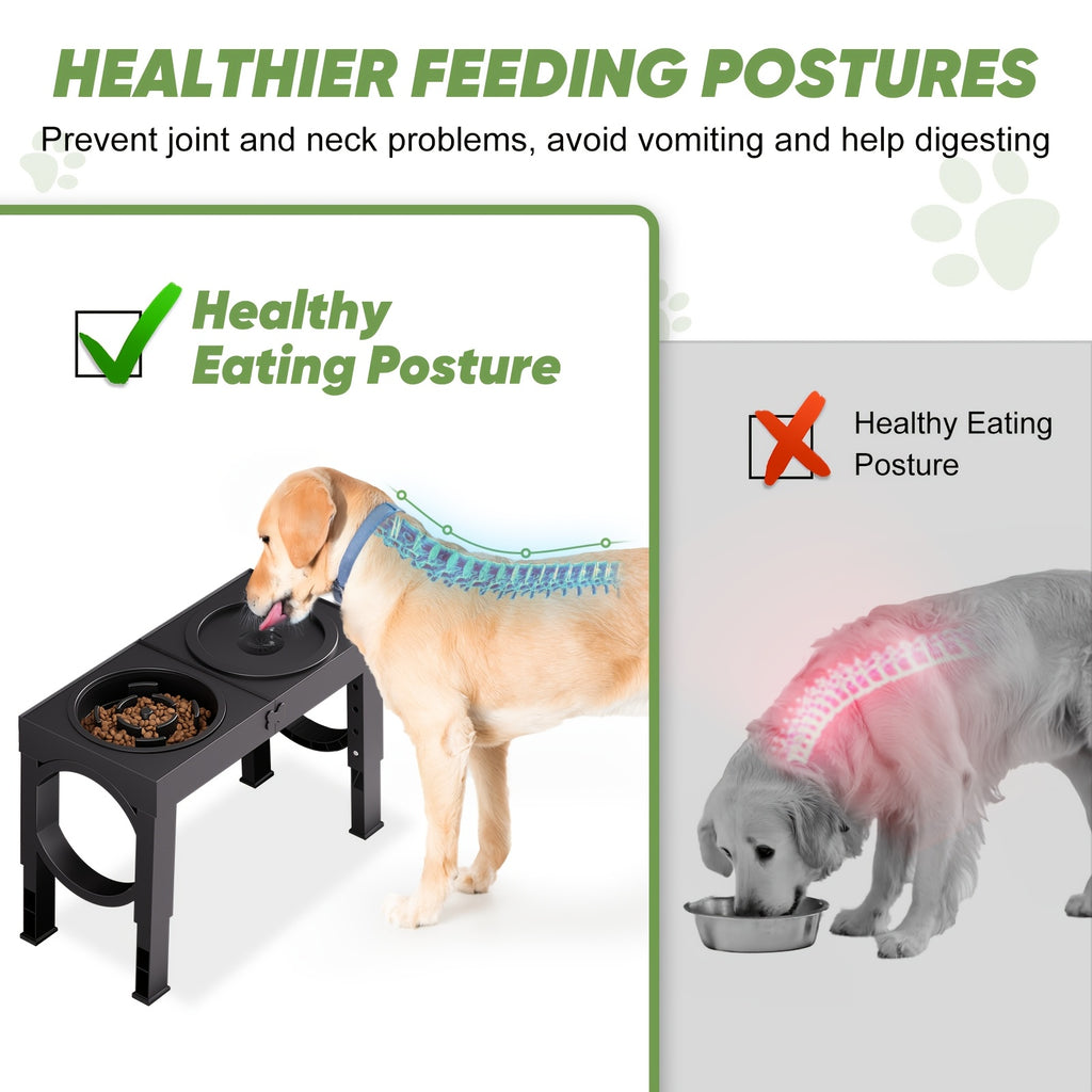 Four-Level Elevated Dog Bowls with 1L Slow Feeder and Spill-Reducing Water Bowl, Black Adjustable Non-Slip Feeding Station for Daily Meals