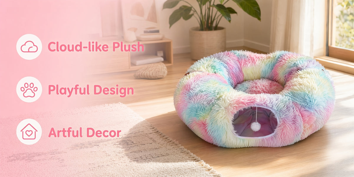 Plush Cat Tunnel Bed for Indoor Cats, 2-in-1 Foldable Donut Hideaway with Removable Washable Mat and Hanging Toy Ball, Four Color Options
