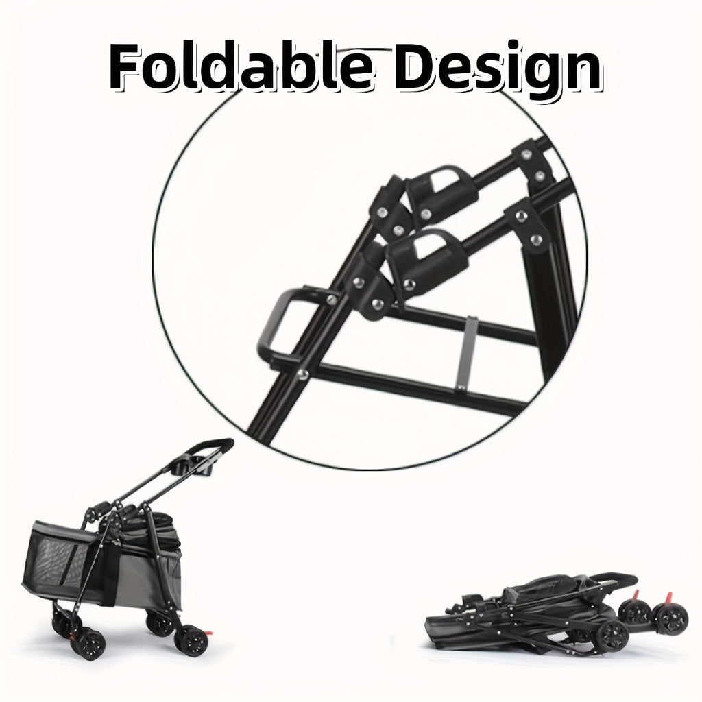 Four-Wheel Pet Stroller for Small Dogs and Cats, Foldable Metal Frame Pushchair with Ventilated Canopy, Ergonomic Handle and Storage Basket in Gray or Black