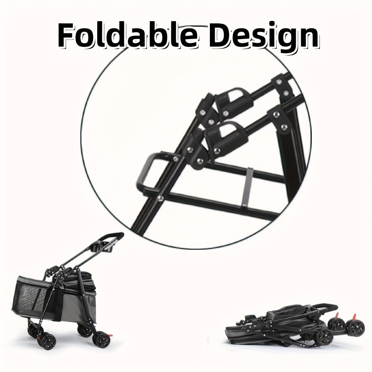 Four-Wheel Pet Stroller for Small Dogs and Cats, Foldable Metal Frame Pushchair with Ventilated Canopy, Ergonomic Handle and Storage Basket in Gray or Black