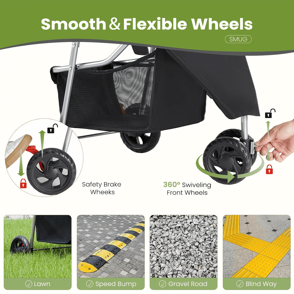 Pet Stroller with Swivel Front Wheel, Three-Wheel Foldable Dog and Cat Pushchair with Mesh Canopy, Storage Basket, Cup Holder and Weather Cover