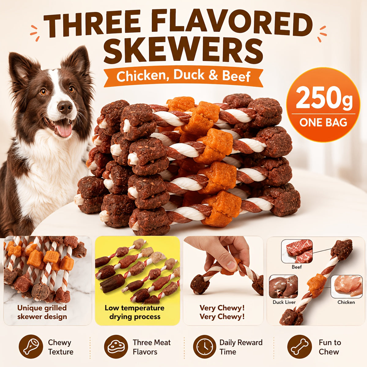 Triple Flavor Dog Chew Skewers with Chicken, Duck and Beef Options, Chicken Bone and Dumbbell Treat Selections for Supervised Snack Time