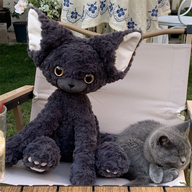Soft Fur Cat Toy 13.78 Inch, Devon Rex Inspired Black Cat Character with Large-Eye Cartoon Design for Supervised Gentle Play and Pet Lover Gifts