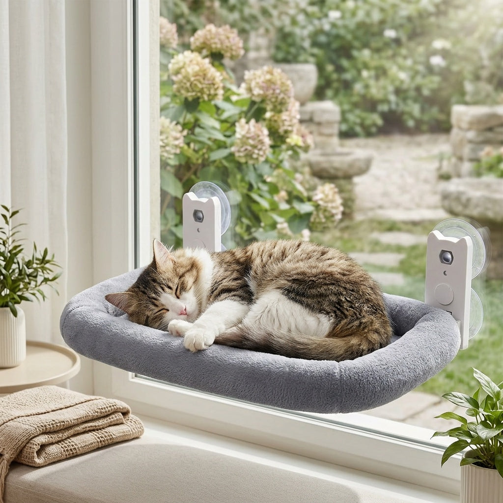 Cordless Cat Window Perch with Plush Padded Hammock, 24.8 x 15.35 Inch Metal Frame and 4 Suction Cups for Indoor Cat Lounging and Birdwatching