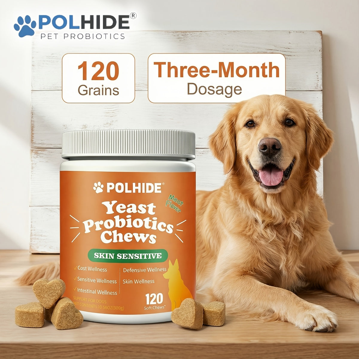 Meat Flavor Dog Probiotic Soft Chews, 120 Count Yeast Probiotic Supplement with Coat and Intestinal Care Labeling for Canine Wellness Routines