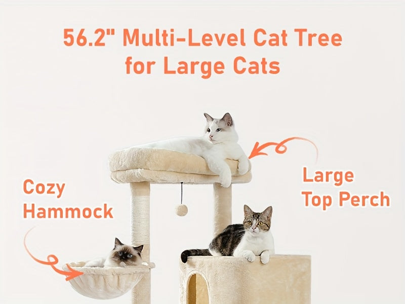 Cat Tree with Oversized Top Perch, 56.3 Inch Multi-Level Indoor Cat Tower with Hammock, Two Condo Hideaways and Scratching Posts, Five Colors